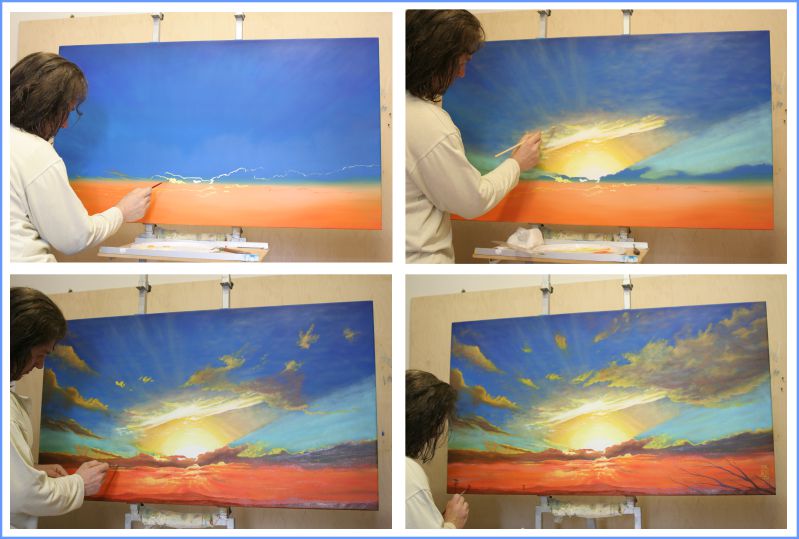 Fasi esecutive pittura Silvano Poggiani, quadro D'un tratto rapito. Esempio di tecnica pittorica per paesaggio con tramonto, nuvole e luce zenitale.