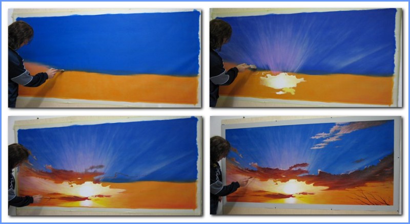 Silvano Poggiani, fasi di realizzazione del dipinto panoramico Il dono d'un sorriso. Tecnica pittorica per la resa di raggi solari e contrasti atmosferici su tela di grande formato.