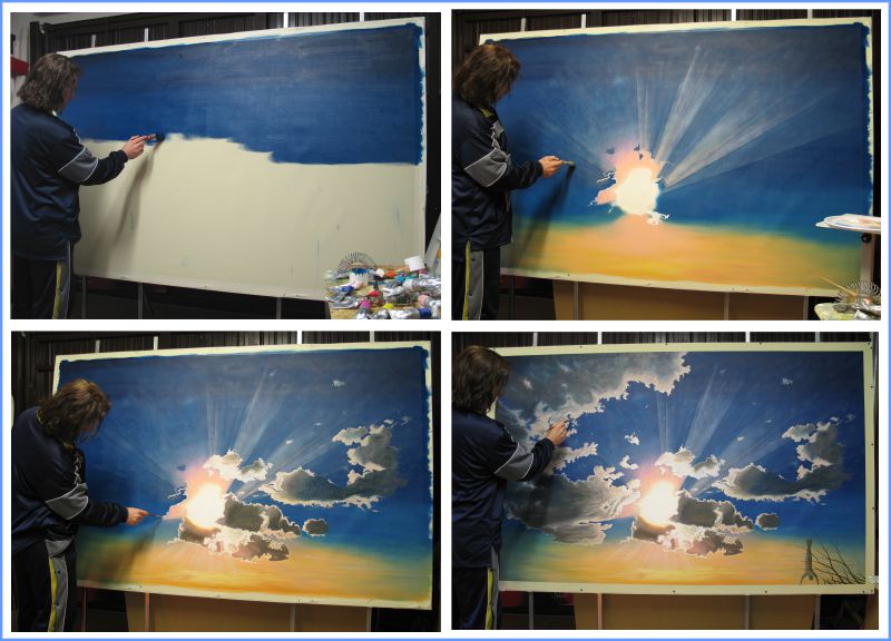 Silvano Poggiani, fasi esecutive del dipinto Oltre se stessi. Pittura a olio su grande formato, tecnica dei contrasti e della luce radiale nel paesaggio celeste.