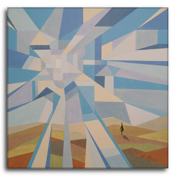 Dipinto astratto geometrico acrilico su tela di Silvano Poggiani, composizione dinamica a raggiera con colori vivaci e accenni di paesaggio stilizzato.