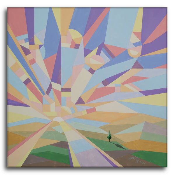 Dipinto astratto geometrico acrilico su tela di Silvano Poggiani, composizione dinamica a raggiera con colori vivaci e accenni di paesaggio stilizzato.