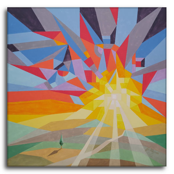 Dipinto astratto geometrico acrilico su tela di Silvano Poggiani, composizione dinamica a raggiera con colori vivaci e accenni di paesaggio stilizzato.