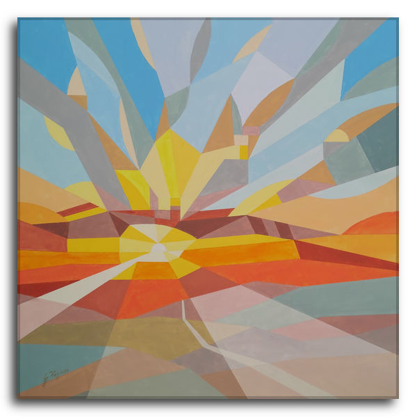 Dipinto astratto geometrico acrilico su tela di Silvano Poggiani, composizione dinamica a raggiera con colori vivaci e accenni di paesaggio stilizzato.