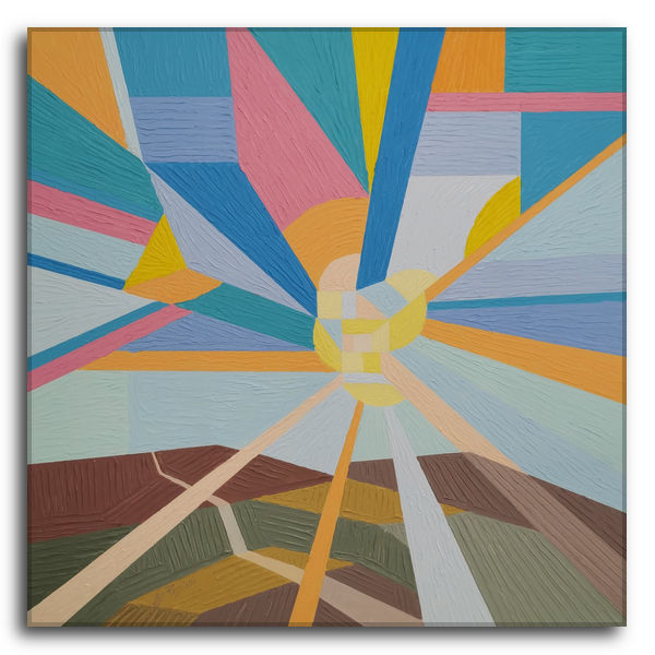 Dipinto astratto geometrico acrilico su tela di Silvano Poggiani, composizione dinamica a raggiera con colori a rilievo e accenni di paesaggio stilizzato.