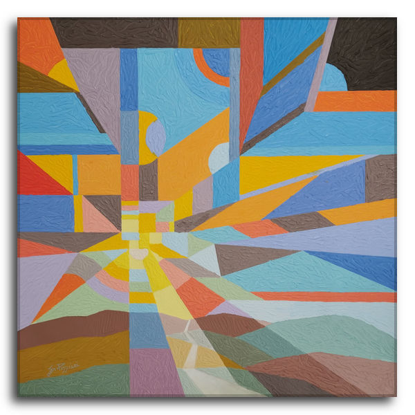 Dipinto astratto geometrico acrilico su tela di Silvano Poggiani, composizione dinamica a raggiera con colori vivaci, a rilievo, e accenni di paesaggio stilizzato.