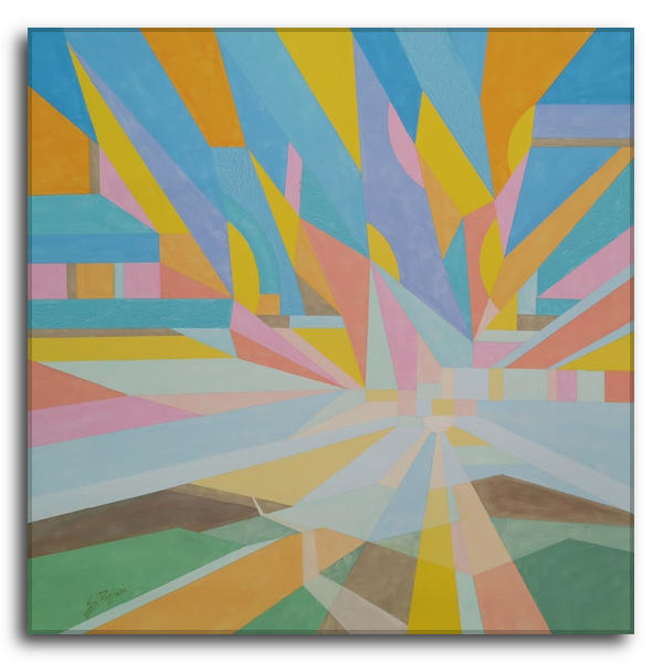Dipinto astratto geometrico acrilico su tela di Silvano Poggiani, composizione dinamica a raggiera con colori pastello e accenni di paesaggio stilizzato.