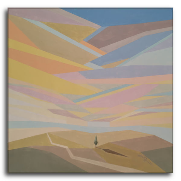 Dipinto astratto geometrico acrilico su tela di Silvano Poggiani, composizione dinamica a raggiera con colori pastello e accenni di paesaggio stilizzato.