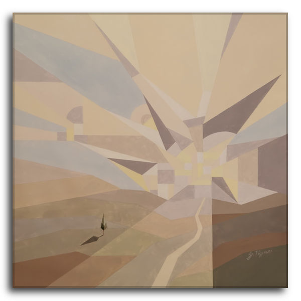 Dipinto astratto geometrico acrilico su tela di Silvano Poggiani, composizione dinamica a raggiera con toni marroni e accenni di paesaggio stilizzato.