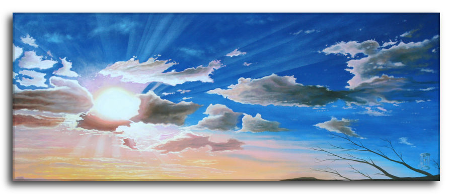 Dipinto a olio figurativo di Silvano Poggiani con titolo: Rafforzando il ricordo. Rafforzando il ricordo. Dipinto a olio figurativo di Silvano Poggiani raffigurante un panorama di un cielo con raggi solari che filtrano tra nuvole bianche e rosa, su sfondo blu intenso, con un ramo spoglio all'orizzonte.