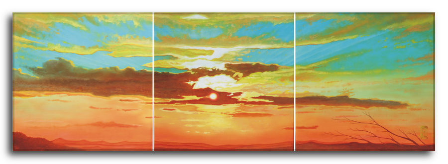 Dipinto a olio figurativo di Silvano Poggiani con titolo: Coinvolgimento dei sensi. Coinvolgimento dei sensi. Dipinto a olio figurativo di Silvano Poggiani raffigurante un trittico di un tramonto panoramico: cielo in toni di turchese e giallo che sfuma in arancione intenso all'orizzonte, con un sole rosso che filtra tra nuvole scure e montagne.