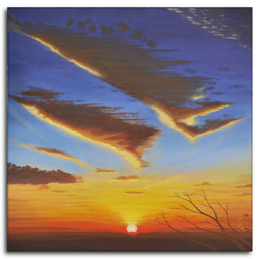 Dipinto a olio figurativo di Silvano Poggiani con titolo: Straordinario Piacere. Straordinario piacere. Dipinto a olio figurativo di Silvano Poggiani raffigurante un tramonto con spettacolari nuvole diagonali dai bordi dorati su cielo blu intenso che sfuma in arancione, sole rosso sull'orizzonte e albero spoglio.