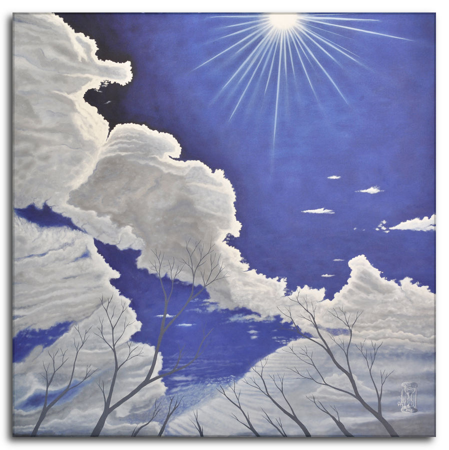 Dipinto a olio figurativo di Silvano Poggiani con titolo: L'insolito coinvolge l'attenzione. L'insolito coinvolge l'attenzione. Dipinto a olio figurativo di Silvano Poggiani raffigurante un cielo blu con nuvole bianche e alberi spogli