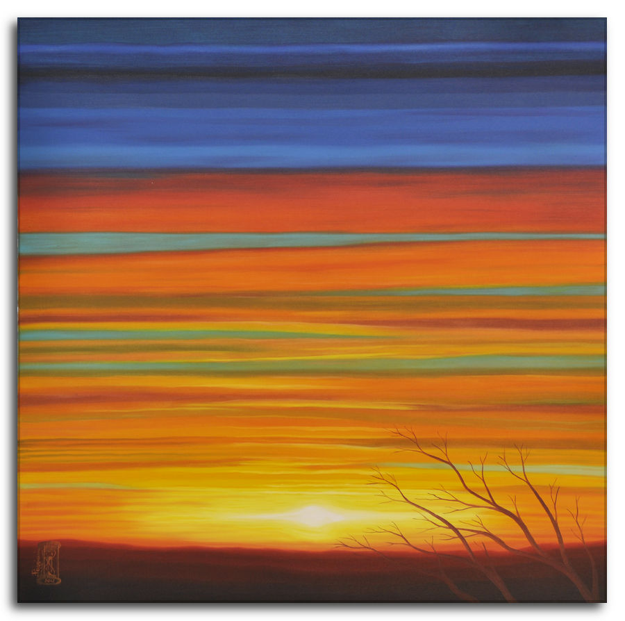 Dipinto a olio figurativo di Silvano Poggiani con titolo: Sfumature di gioia. Sfumature di gioia. Dipinto a olio figurativo di Silvano Poggiani raffigurante un tramonto con cielo striato in sfumature di arancione, giallo e blu. In primo piano la silhouette di alcuni rami spogli contro il sole calante