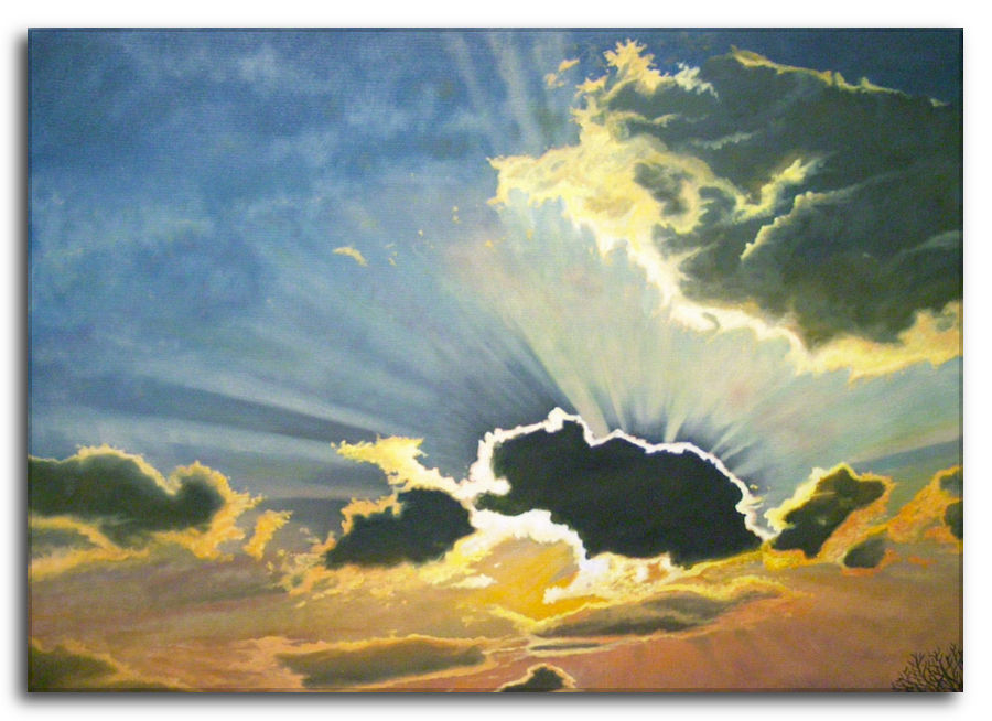 Dipinto a olio figurativo di Silvano Poggiani con titolo: Pensando Altrove. Pensando Altrove. Dipinto a olio figurativo di Silvano Poggiani raffigurante un cielo drammatico al tramonto con raggi di luce che filtrano attraverso una grande nuvola scura bordata di bianco. Il cielo presenta sfumature di blu, giallo e arancione.