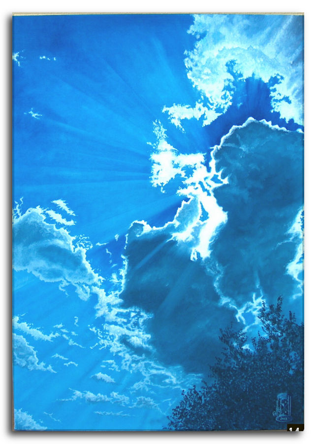 Dipinto a olio figurativo di Silvano Poggiani con titolo: Senso di Stupore. Senso di stupore. Dipinto a olio figurativo di Silvano Poggiani raffigurante un cielo azzurro intenso con nuvole bianche luminose che filtrano raggi di luce. In basso si intravede la silhouette scura di un albero. L'intera scena è dominata da diverse tonalità di blu.