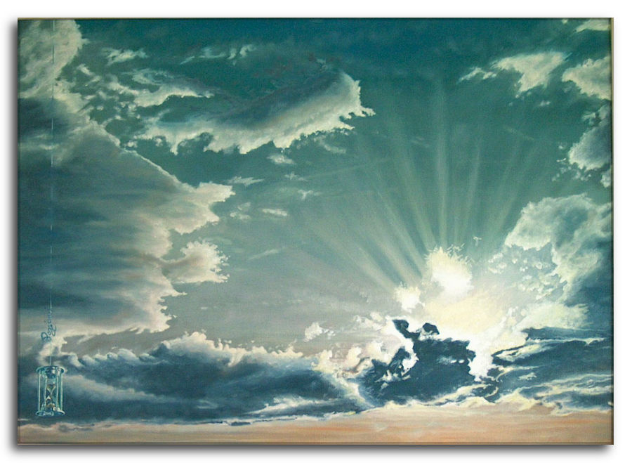 Dipinto a olio figurativo di Silvano Poggiani con titolo: Messaggio di Luce. Messaggio di luce. Dipinto a olio figurativo di Silvano Poggiani raffigurante un cielo con nuvole scure da cui filtrano potenti raggi di sole. Il cielo ha tonalità verde-azzurre e le nuvole sono bordate di luce bianca.