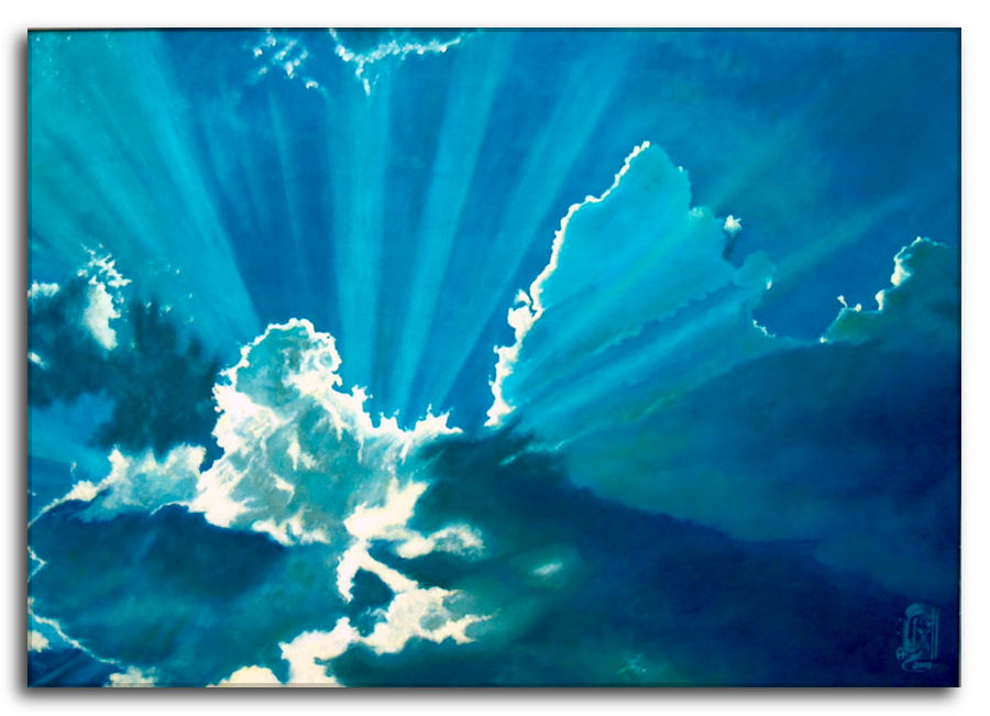 Dipinto a olio figurativo di Silvano Poggiani con titolo: Impetuoso entusiasmo. Impetuoso entusiasmo. Dipinto a olio figurativo di Silvano Poggiani raffigurante un cielo con nuvole scure e raggi di luce solare che si diffondono attraverso le nubi.