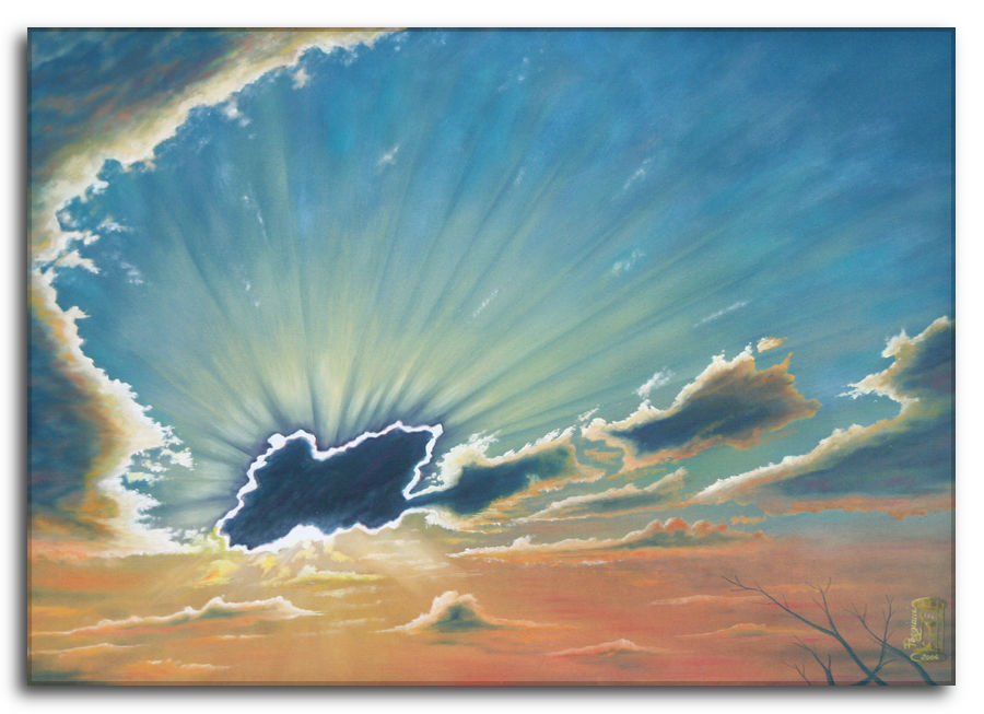 Dipinto a olio figurativo di Silvano Poggiani con titolo: Audace Proposta. Audace proposta. Dipinto a olio figurativo di Silvano Poggiani raffigurante un cielo al tramonto con nuvole scure illuminate dal sole e raggi di luce diffusi