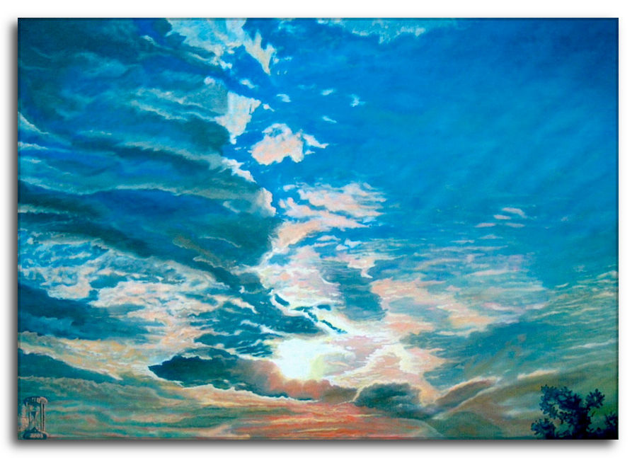 Dipinto a olio figurativo di Silvano Poggiani con titolo: Aspettando il ritorno. Aspettando il ritorno.Dipinto a olio figurativo di Silvano Poggiani raffigurante un'alba multicolore.