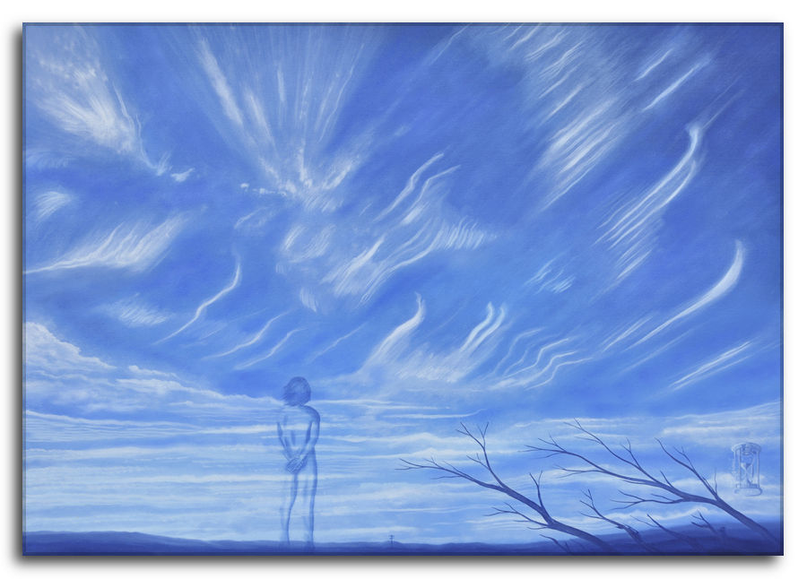 Dipinto a olio figurativo di Silvano Poggiani con titolo: Le piccole cose. Le Piccole Cose. Dipinto a olio figurativo di Silvano Poggiani raffigurante un cielo azzurro con nuvole, cirri bianchi e fugura umana trasparente.