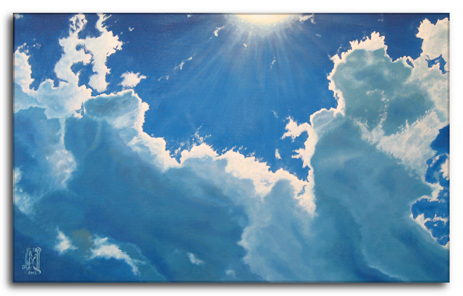 Dipinto a olio figurativo di Silvano Poggiani con titolo: Piacevole Sorpresa. Piacevole Sorpresa. Dipinto a olio figurativo di Silvano Poggiani raffigurante un cielo azzurro con sole circondato da nuvole.