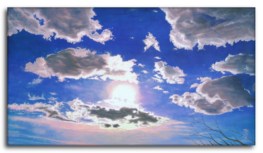 Dipinto a olio figurativo di Silvano Poggiani con titolo: Il fascino di un'emozione. Il fascino di un'emozione. Dipinto a olio figurativo di Silvano Poggiani raffigurante un cielo blu profondo che raffigura la bellezza delle emozioni nella vita, vestito di nuvole sfumate di rosa.