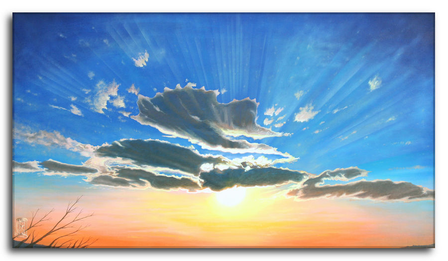 Dipinto a olio figurativo di Silvano Poggiani con titolo: Improvviso entusiasmo. Improvviso Entusiasmo. Dipinto a olio figurativo di Silvano Poggiani raffigurante un tramonto con spettacolari nuvole scure dai bordi dorati su cielo blu intenso che sfuma in arancione.