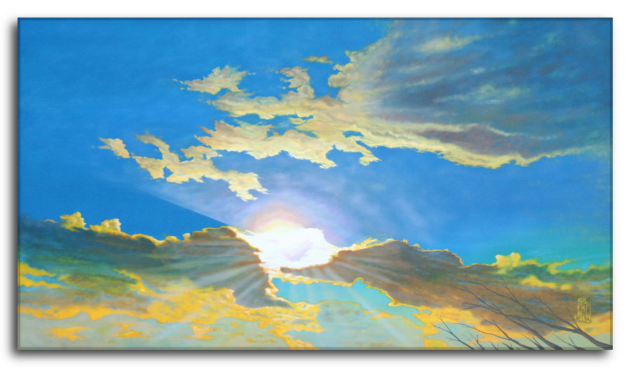 Dipinto a olio figurativo di Silvano Poggiani con titolo: Oltre la Logica. Oltre la logica. Dipinto a olio figurativo di Silvano Poggiani raffigurante il sole è parzialmente oscurato da nuvole scure bordate di oro, e crea raggi di luce che si diffondono nel cielo azzurro.