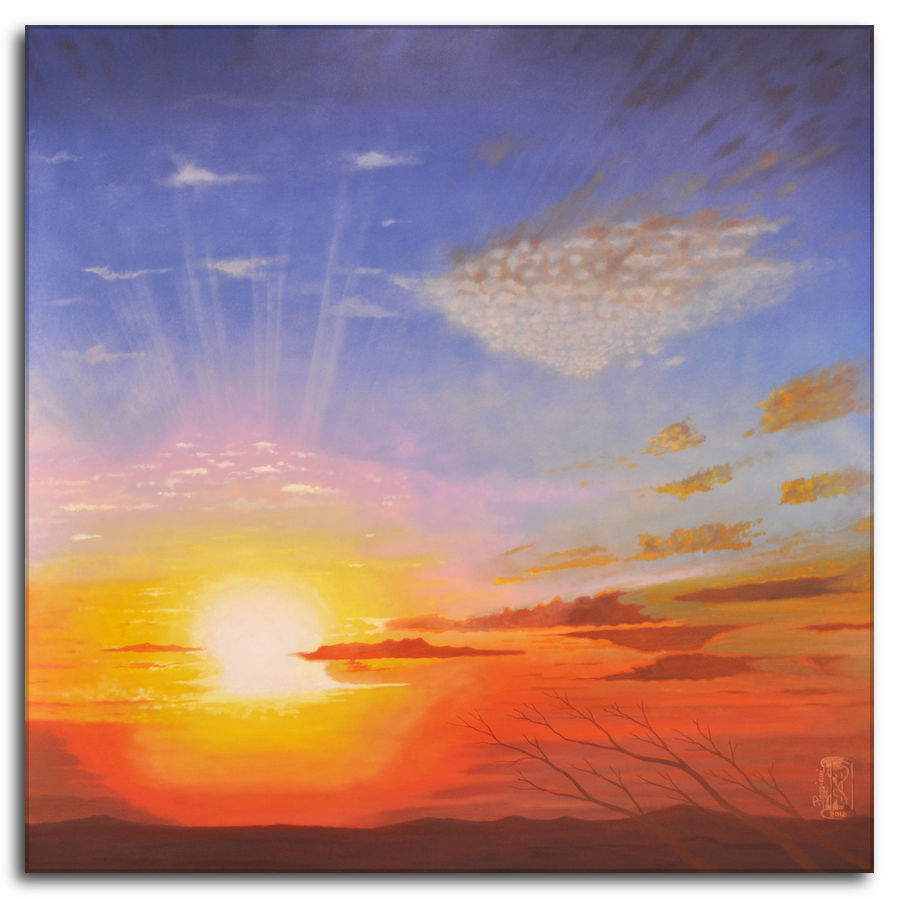 Dipinto a olio figurativo di Silvano Poggiani con titolo: Fonte di Meraviglia. Fonte di Meraviglia. Dipinto a olio figurativo di Silvano Poggiani raffigurante un cielo dipinto con pennellate di luce dorata e nuvole soffuse.