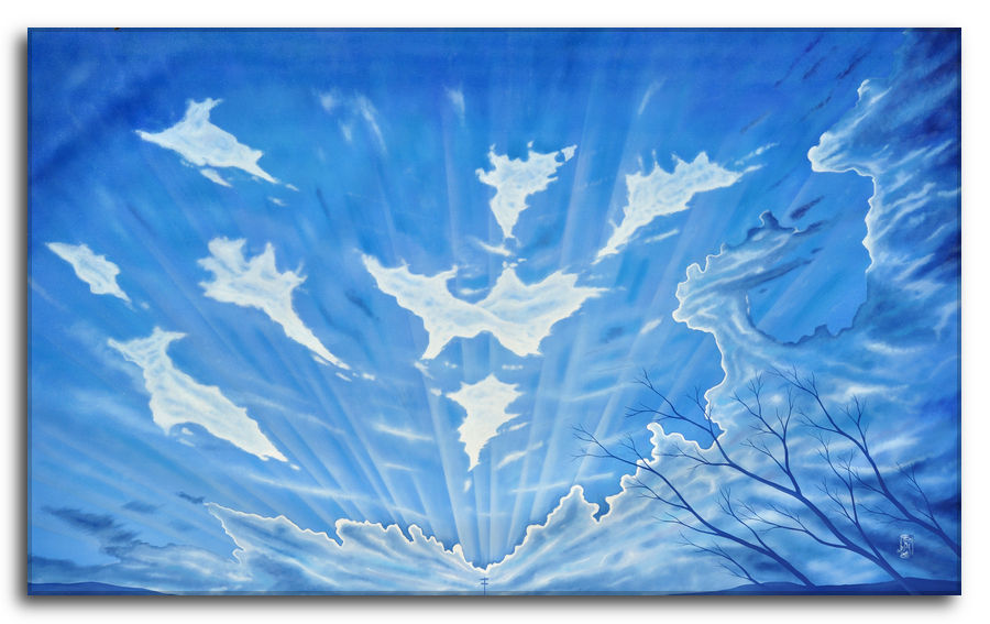 Dipinto a olio figurativo di Silvano Poggiani con titolo: Crescita emozionale. Crescita emozionale. Dipinto a olio figurativo di Silvano Poggiani raffigurante un viaggio verso se stessi. Cielo azzurro con nuvole dipinte di sfumature blu e raggi di sole nascente all'orizzonte.