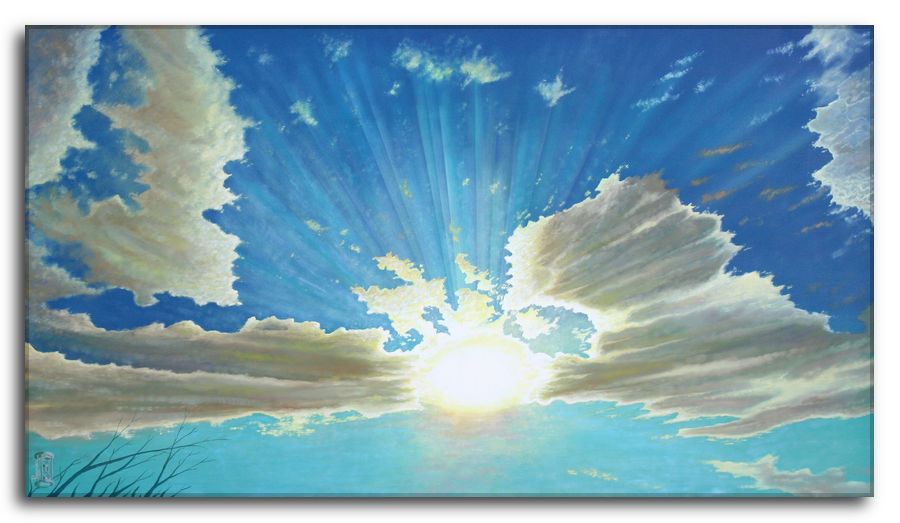 Dipinto a olio figurativo di Silvano Poggiani con titolo: Oltre il Tempo. Oltre il tempo. Dipinto a olio figurativo di Silvano Poggiani raffigurante il cielo che ha tonalità verde-azzurre e le nuvole sono bordate di luce bianca. I raggi solari filtrano tra le nuvole creando fasci di luce.