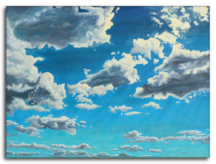 Dipinto a olio figurativo di Silvano Poggiani con titolo: Un viaggio in compagnia. Un viaggio in compagnia. Dipinto a olio figurativo di Silvano Poggiani raffigurante nuvole fluttuanti, compagne di avventura nel vasto blu celeste. Mentre si spostano pigramente, ci invitano a unirci al loro vagare senza meta.