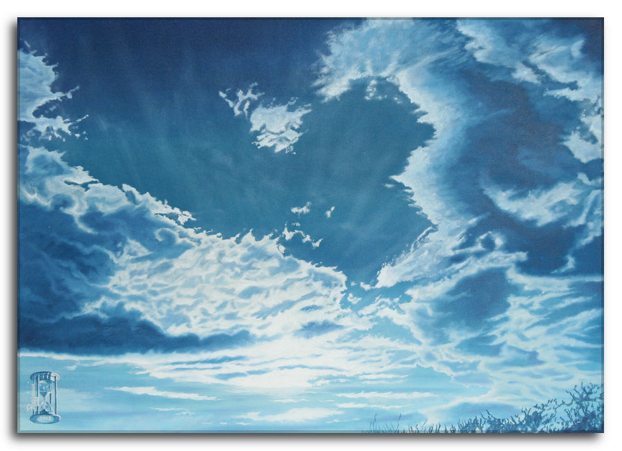 Dipinto a olio figurativo di Silvano Poggiani con titolo: Un piacevole risveglio. Un piacevole risveglio. Dipinto a olio figurativo di Silvano Poggiani raffigurante i primi raggi del sole filtrano attraverso le nuvole.