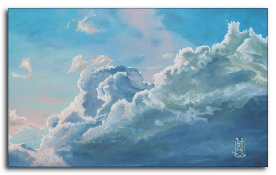 Dipinto a olio figurativo di Silvano Poggiani con titolo: Un fluttuar di nuvole. Un fluttuar di nuvole. Dipinto a olio figurativo di Silvano Poggiani raffigurante maestose e mutevoli nuvole che danzano nel cielo azzurro, specchio delle emozioni umane in continua trasformazione.