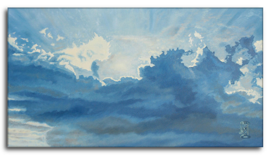 Dipinto a olio figurativo di Silvano Poggiani con titolo: Emergere dal buio. Emergere dal buio. Dipinto a olio figurativo di Silvano Poggiani raffigurante il buio che lascia spazio a un risveglio di luce che filtra dalle nuvole scure.