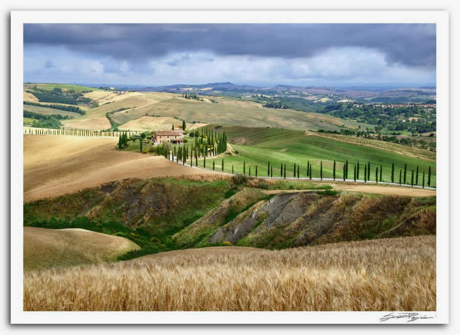 Fotografia artistica di Silvano Poggiani raffigurante il paesaggio della campagna toscana vicino Asciano, Siena. Paesaggio collinare con villa in pietra circondata da cipressi, campi di grano dorato ondulati e colline verdi sullo sfondo sotto un cielo nuvoloso.