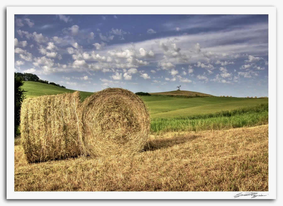 Fotografia artistica di Silvano Poggiani raffigurante il paesaggio della campagna toscana vicino Ponte a Tressa. Paesaggio con rotoballe di fieno su un campo, colline verdi e cielo azzurro con nuvole a pecorelle.