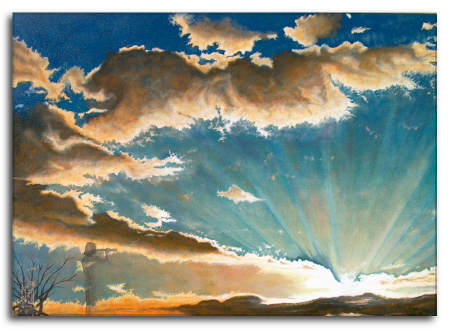 Dipinto a olio figurativo di Silvano Poggiani raffigurante un cielo all'alba con nuvole dorate, raggi solari e una figura che osserva con cannocchiale.