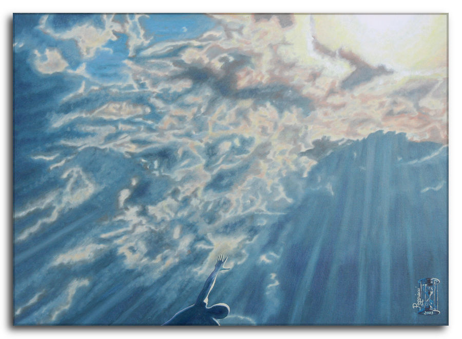 Dipinto a olio figurativo di Silvano Poggiani raffigurante una figura umana in silhouette con braccio alzato verso il cielo, sotto drammatiche nuvole attraversate da raggi di luce blu