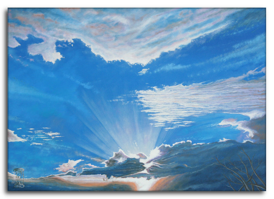 Una voce risuona nel silenzio. Dipinto a olio figurativo di Silvano Poggiani raffigurante un cielo con nuvole e raggi di sole.