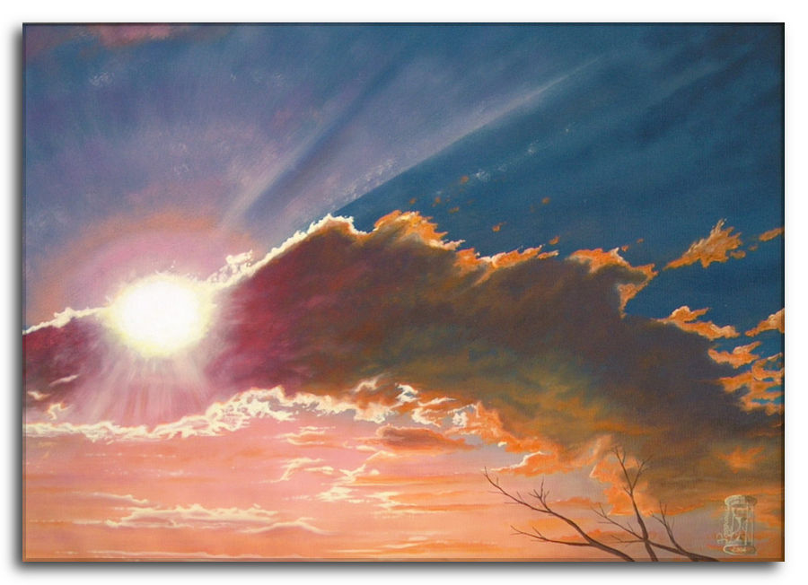 Titolo Tranquilla Audacia. Dipinto a olio figurativo di Silvano Poggiani raffigurante un tramonto con il sole parzialmente coperto da una grande nuvola scura, con raggi di luce che si diffondono nel cielo e rami di un albero in primo piano