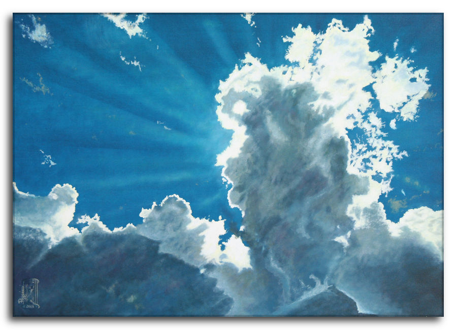 Titolo Sottratto alla vista. Dipinto a olio figurativo di Silvano Poggiani raffigurante un cielo con nuvole bianche e raggi di sole che filtrano attraverso di esse.