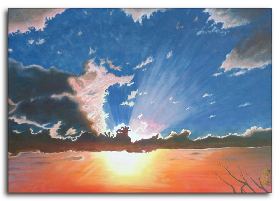 Dipinto a olio figurativo di Silvano Poggiani raffigurante un tramonto con raggi di sole che filtrano attraverso le nuvole