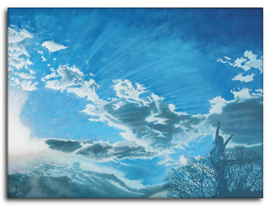 Titolo: Un abbraccio al cielo. Dipinto a olio figurativo di Silvano Poggiani raffigurante un cielo blu con nuvole e raggi di sole, figura umana stilizzata su un albero.