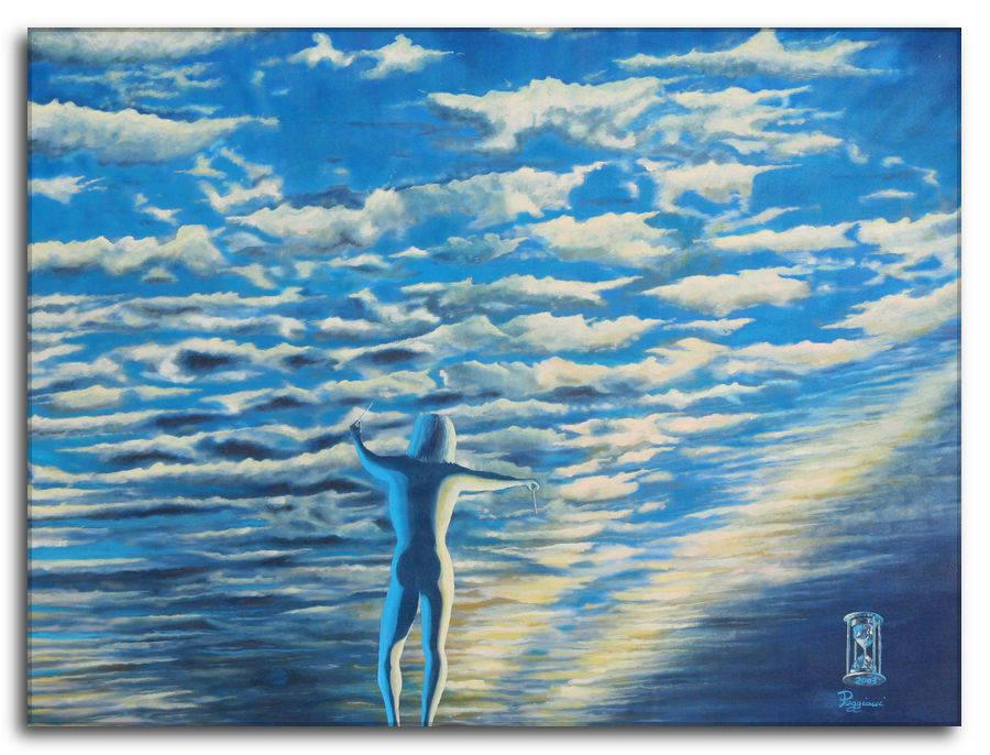 Esuberante Sinfonia. Dipinto a olio figurativo di Silvano Poggiani raffigurante una figura umana di spalle che si dirige verso un cielo nuvoloso, con una clessidra e una firma in basso a destra.