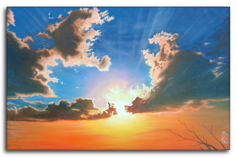 Una spinta al cuore. Dipinto a olio figurativo di Silvano Poggiani raffigurante un vivace di un tramonto con nuvole drammatiche e raggi di sole che filtrano. Il cielo passa da un blu intenso nella parte superiore a tonalità calde di arancione vicino all'orizzonte, con un ramo spoglio visibile nell'angolo in basso a destra