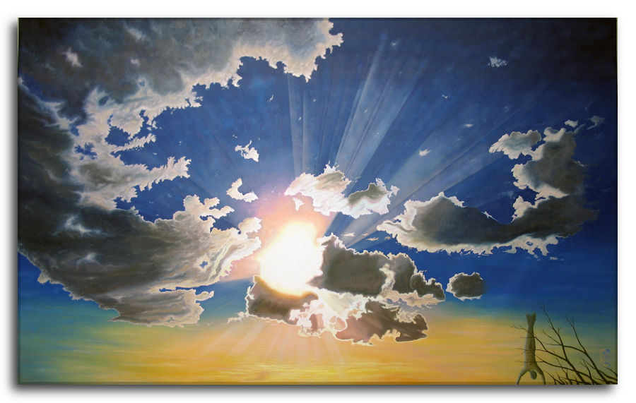 Pensieri di vita. Dipinto a olio figurativo di Silvano Poggiani raffigurante un cielo con nuvole e raggi di sole che filtrano attraverso di esse.