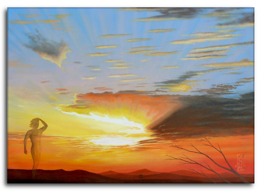 Quadro olio su tela di Silvano Poggiani: Silhouette di una figura umana al tramonto, con un cielo drammatico dai colori arancioni e gialli, colline sullo sfondo e un ramo secco sulla destra.