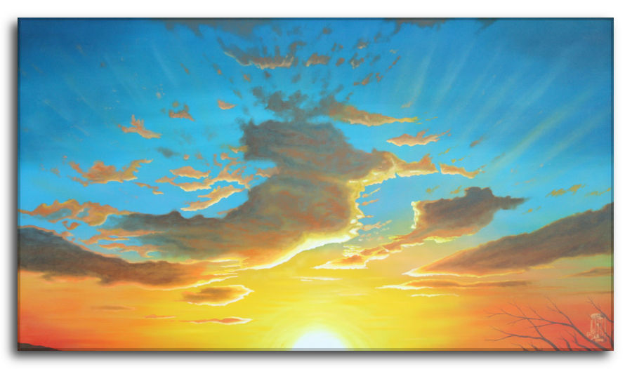 Caldo respiro. Dipinto a olio figurativo di Silvano Poggiani raffigurante un tramonto con cieli blu e nuvole arancioni e dorate