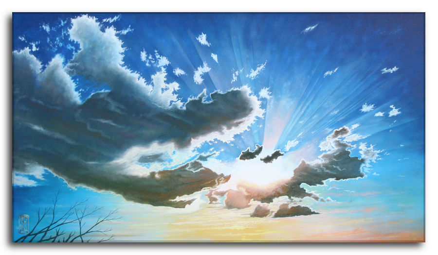 Un grido al futuro. Dipinto a olio figurativo di Silvano Poggiani raffigurante un cielo con nuvole scure e raggi di sole che emergono.